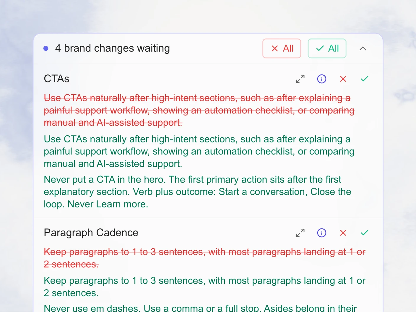 Brand changes waiting in the writer agent's chat: old rules struck through, the new rules to keep or reject