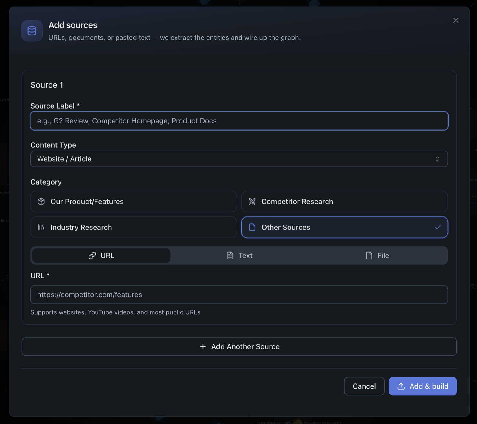 RankUp's Add Sources panel. Point it at a URL, a document, or pasted text
