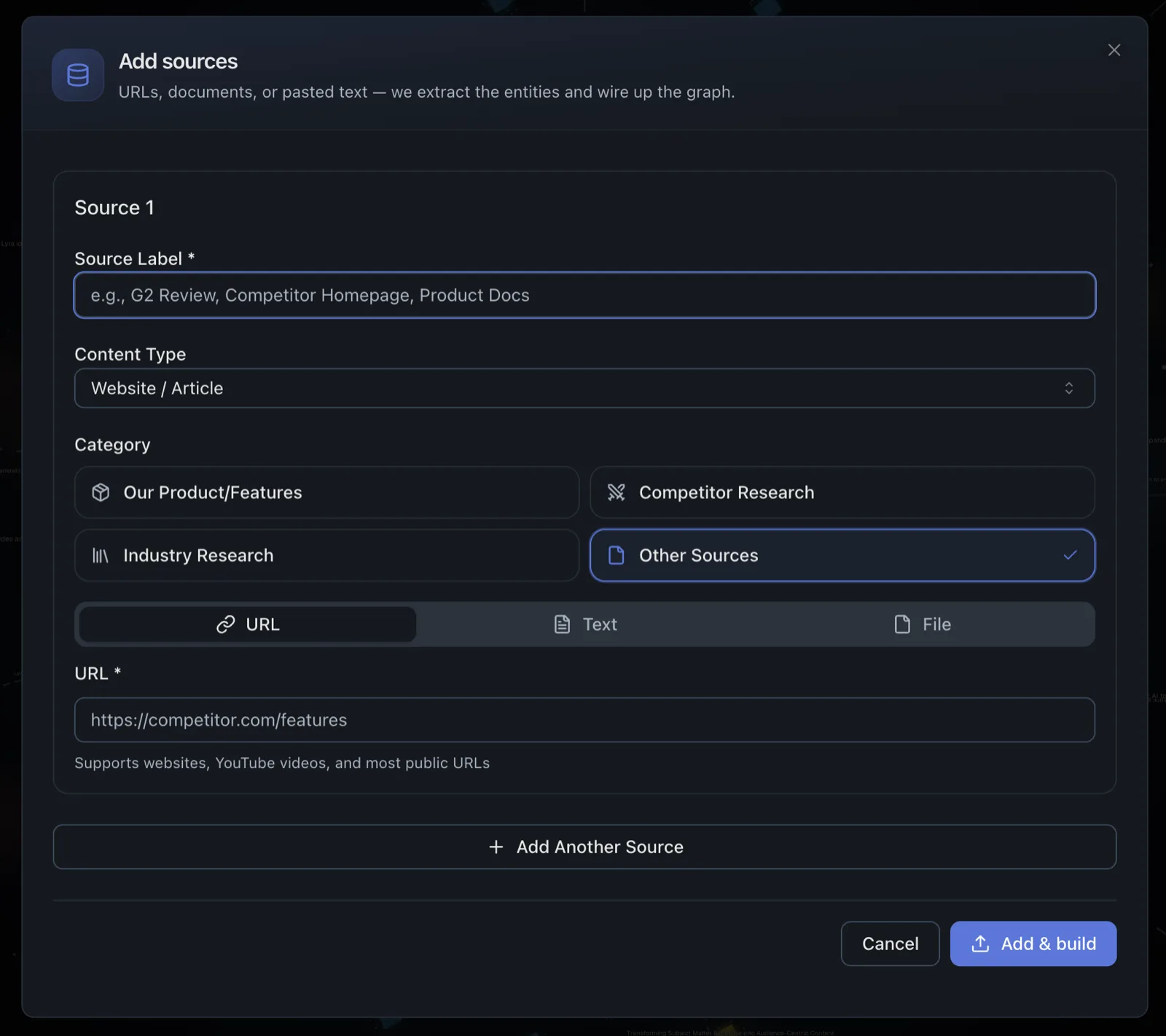 RankUp's Add Sources panel. Point it at a URL, a document, or pasted text